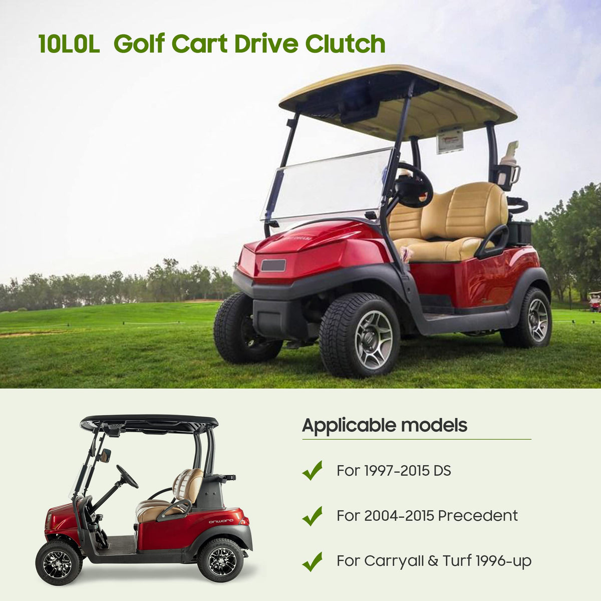 10L0L silver finish drive clutch complements Club Car aesthetics.
