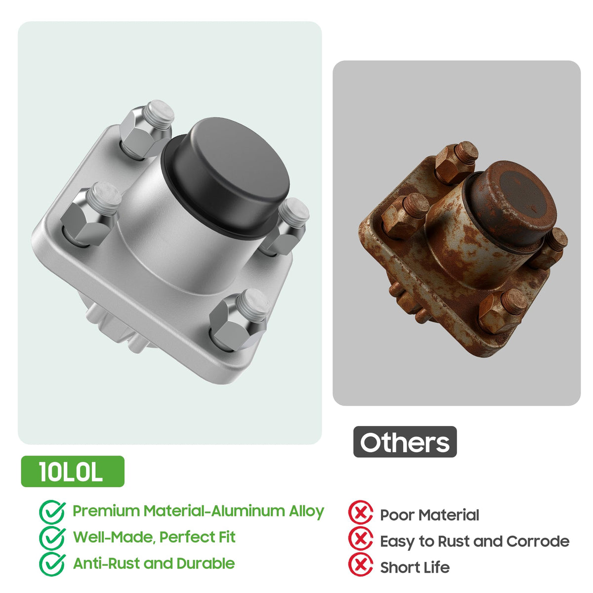 10L0L solid alloy construction delivers durable, precise fit for everyday golf cart use.