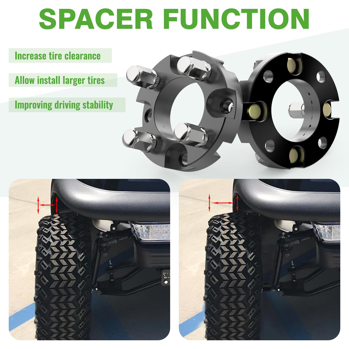 10L0L spacer kit installed on golf cart demonstrating wider stance