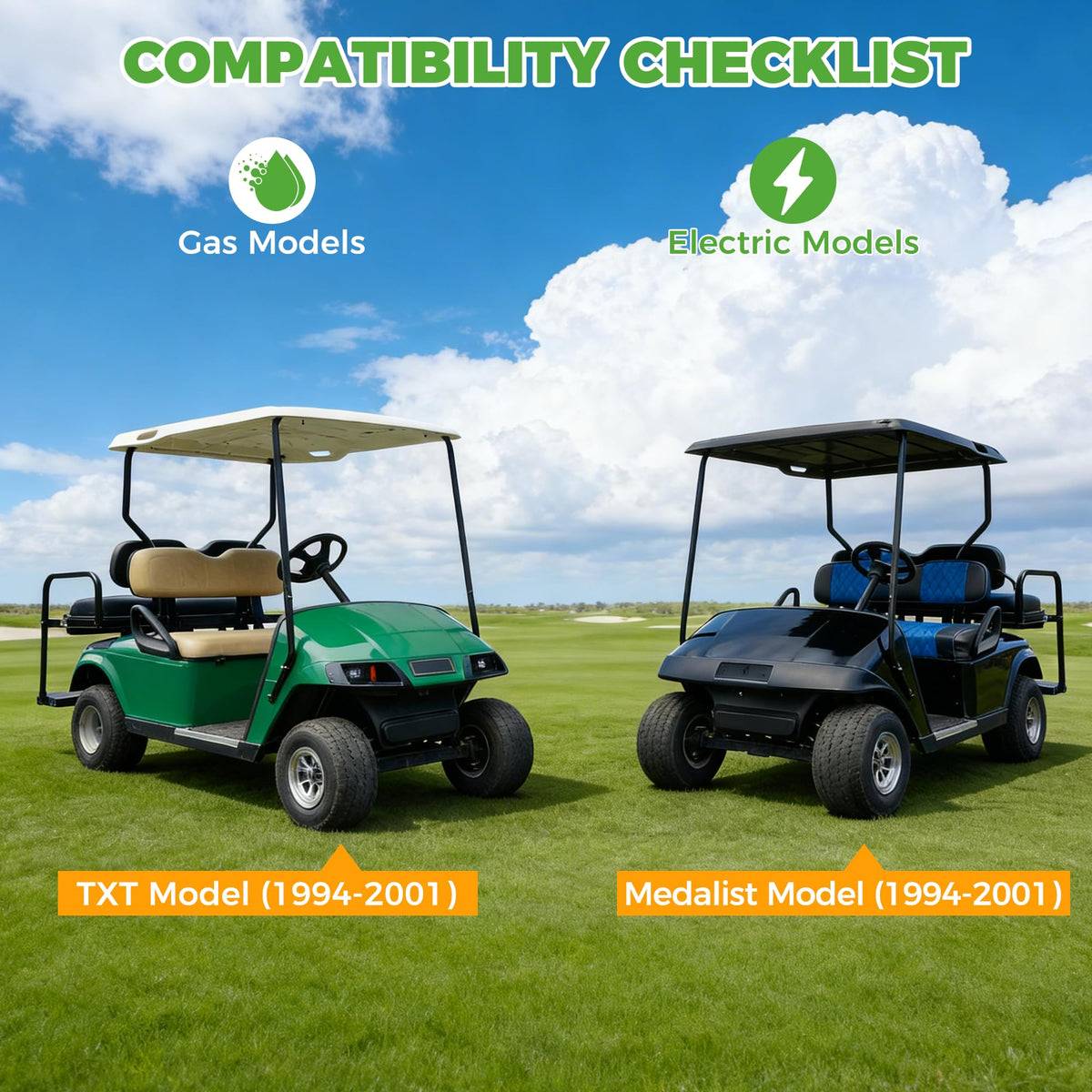 Gas and electric EZGO compatibility shown by 10L0L kit for model range.