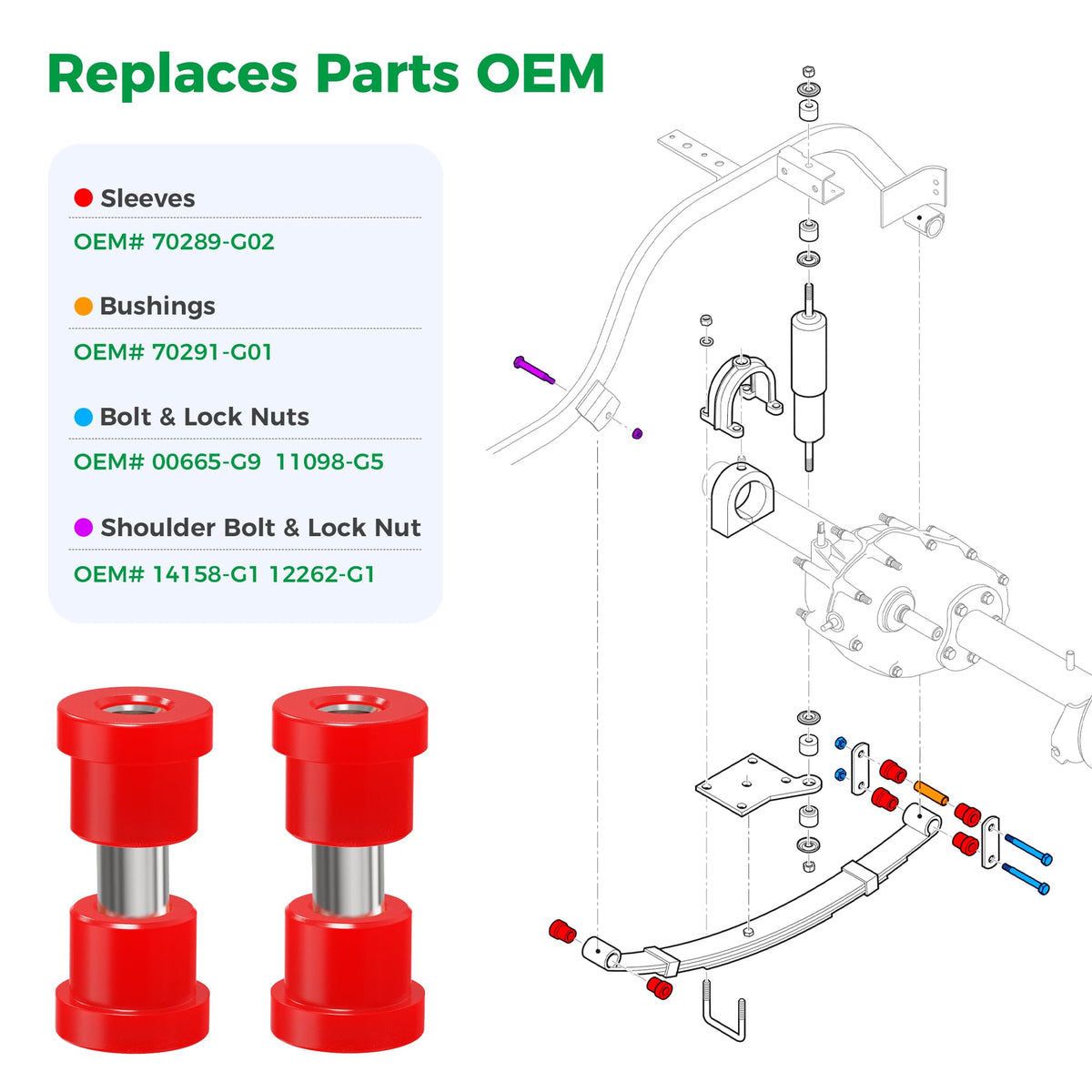 One-piece steel spacers resist rust for long-lasting suspension performance.