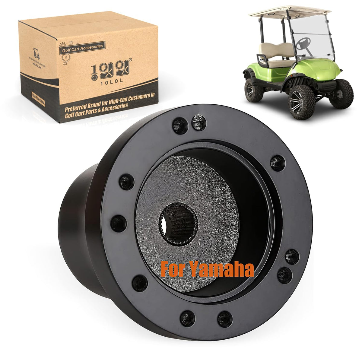 10L0L steering wheel adapter on Yamaha G2-G29, black, secure fit.