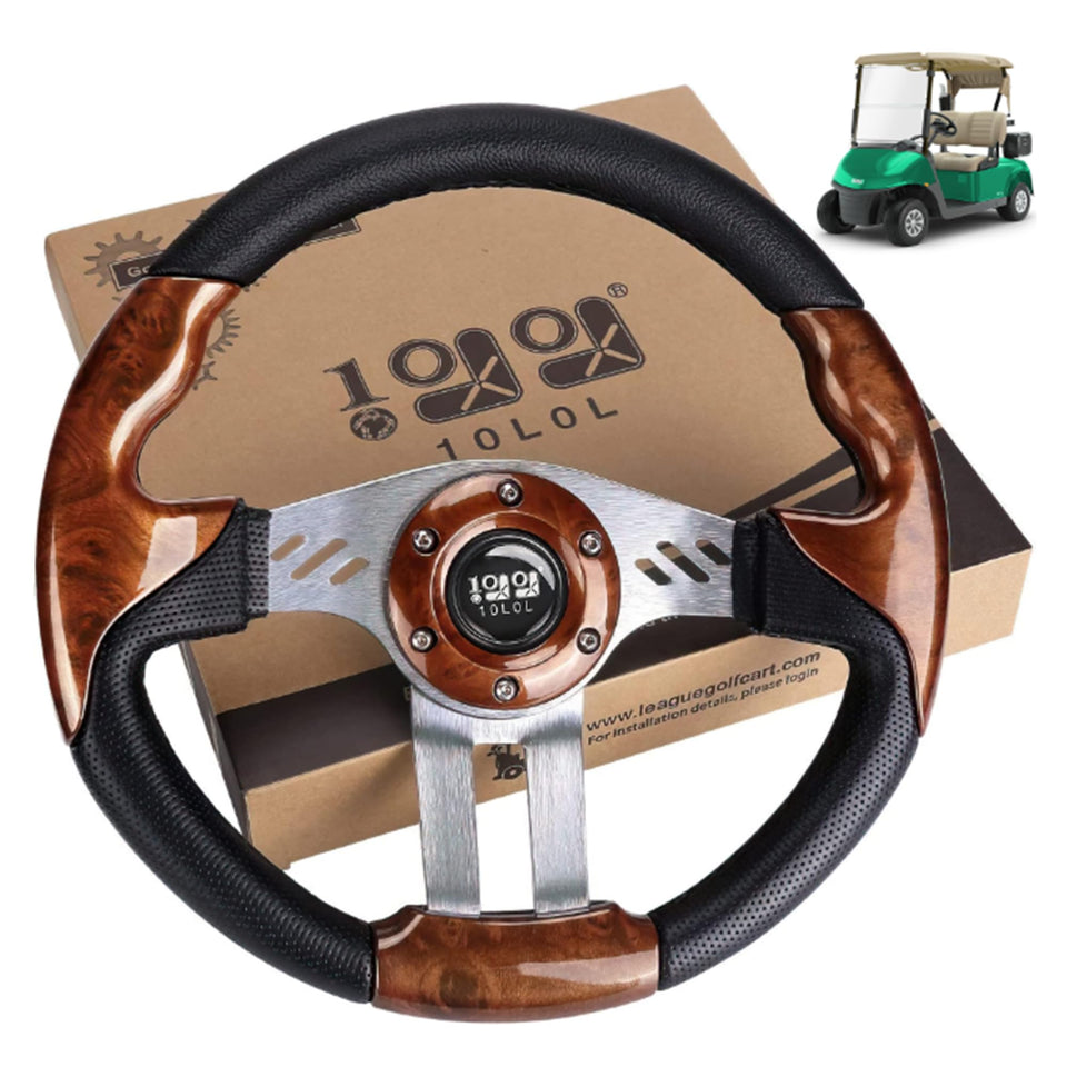 10L0L steering wheel full view demonstrates universal compatibility for Yamaha, EZGO, and Club Car carts.