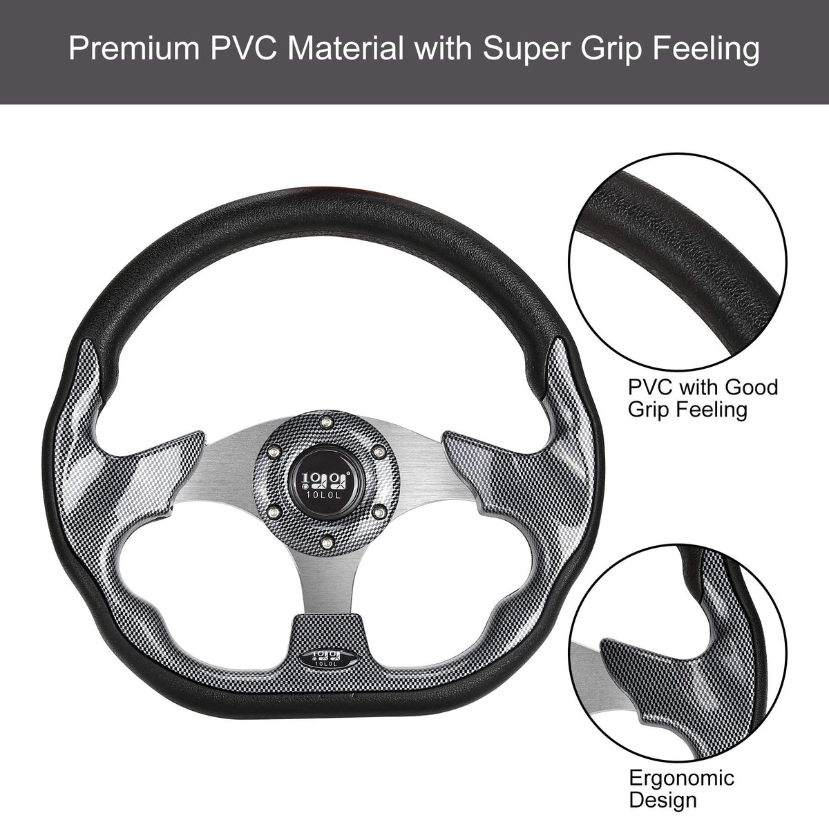 10L0L gray 12.5-inch steering wheel on Club Car DS with rust-resistant aluminum
