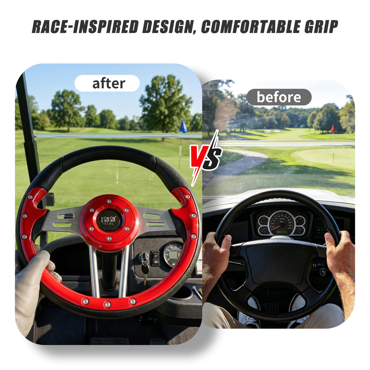 10L0L red steering wheel ergonomic design supports comfort.