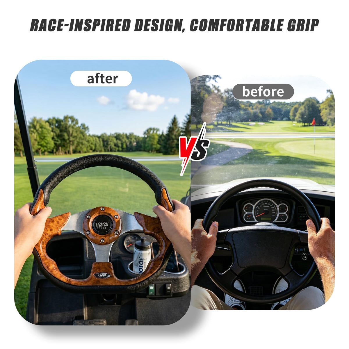 10L0L steering wheel wood grain brown detail enhances cart interior design.