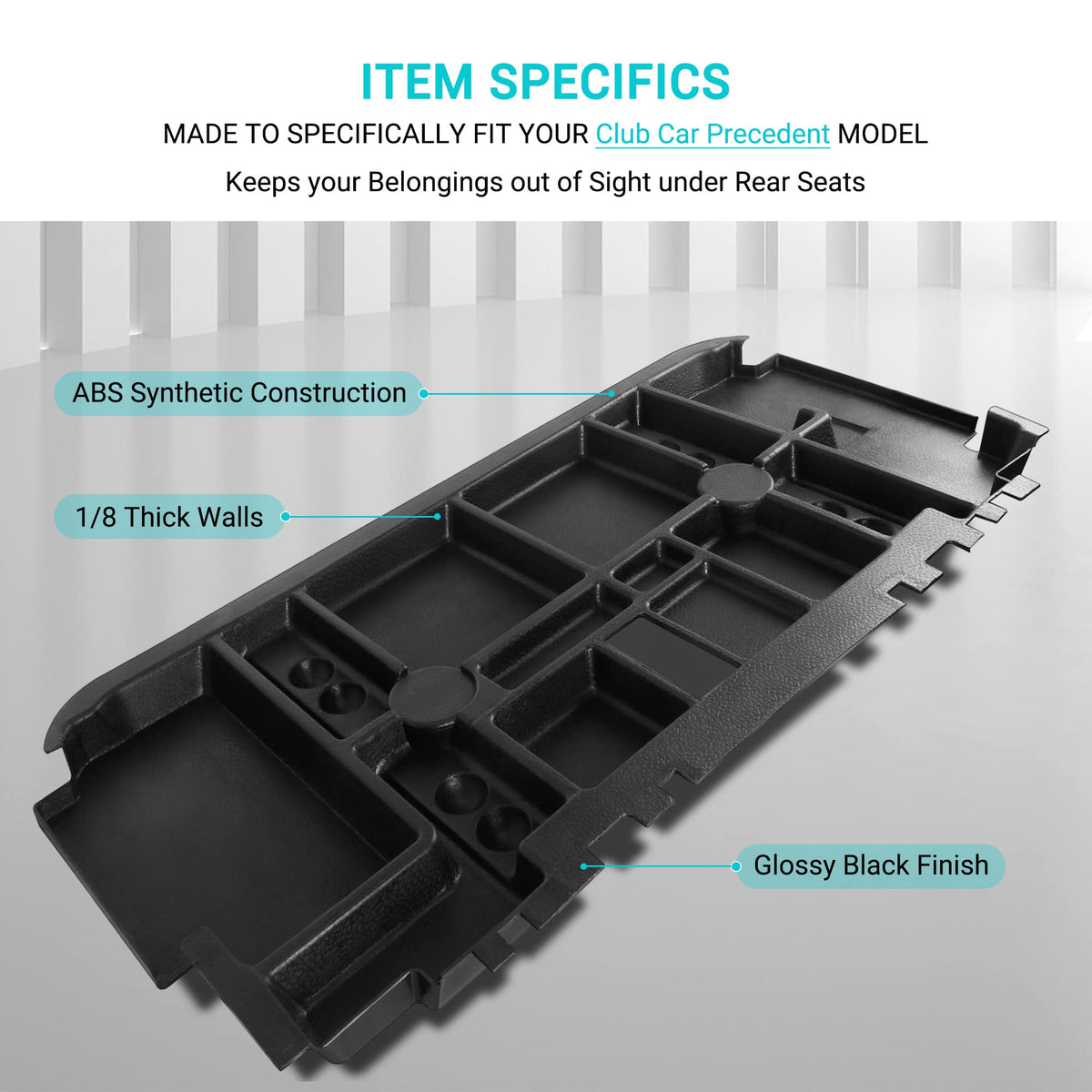 10L0L tray filled with small items demonstrating organized storage on a golf cart