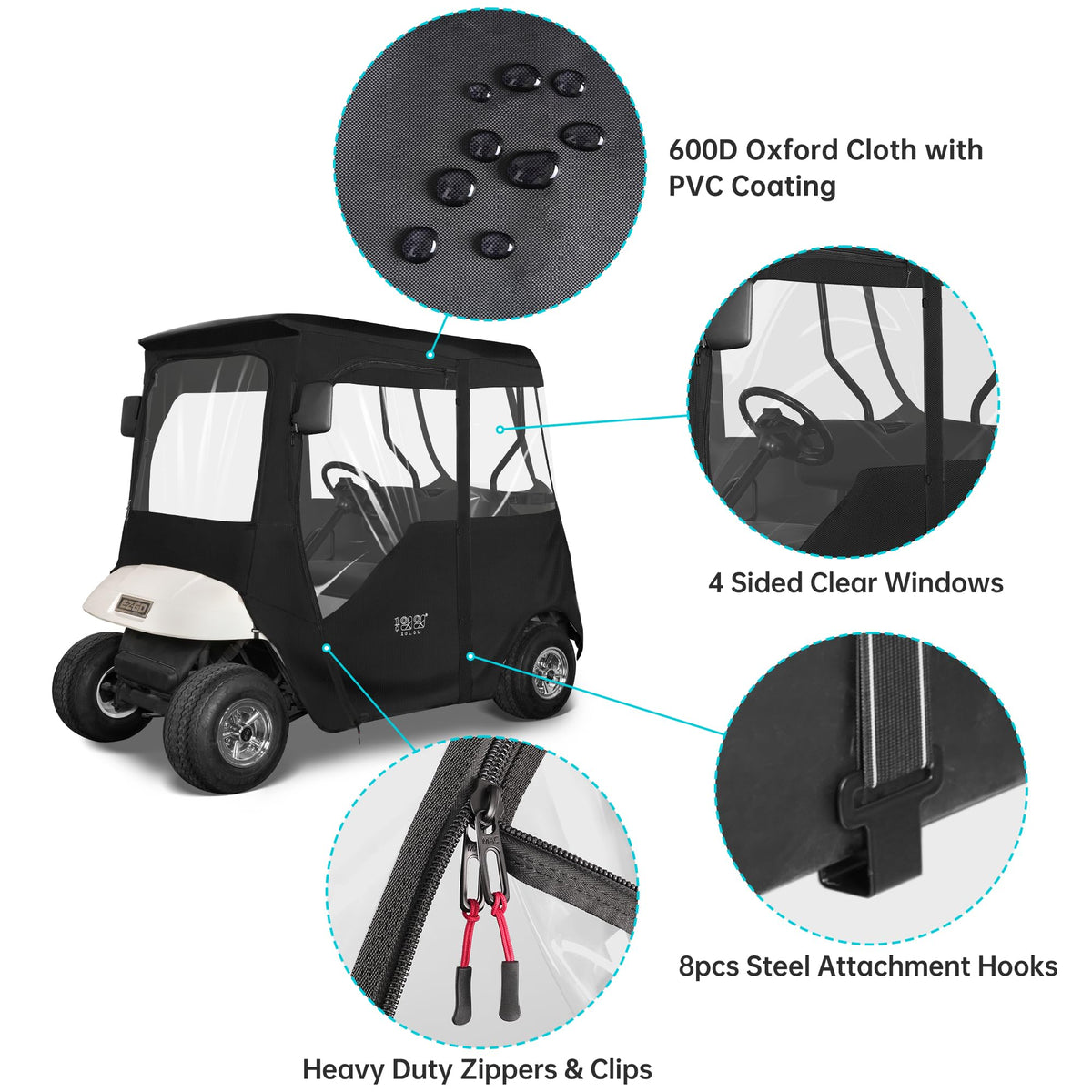 10L0L Sturdy metal fixing hooks keep enclosure stable in wind.