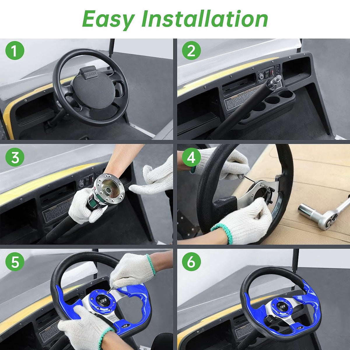 10L0L stylish blue interior accent on golf cart steering wheel