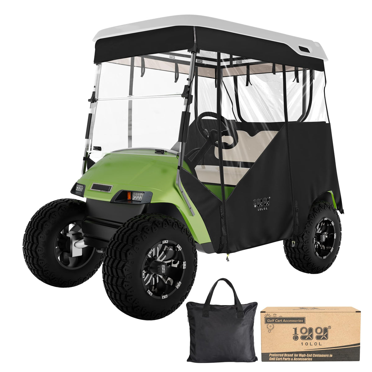 10L0L track-style enclosure with roll-up panels for year-round EZGO TXT use.