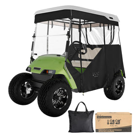 10L0L track-style enclosure with roll-up panels for year-round EZGO TXT use.