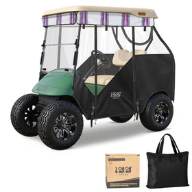 10L0L track-style enclosure front view protects EZGO TXT from rain and wind