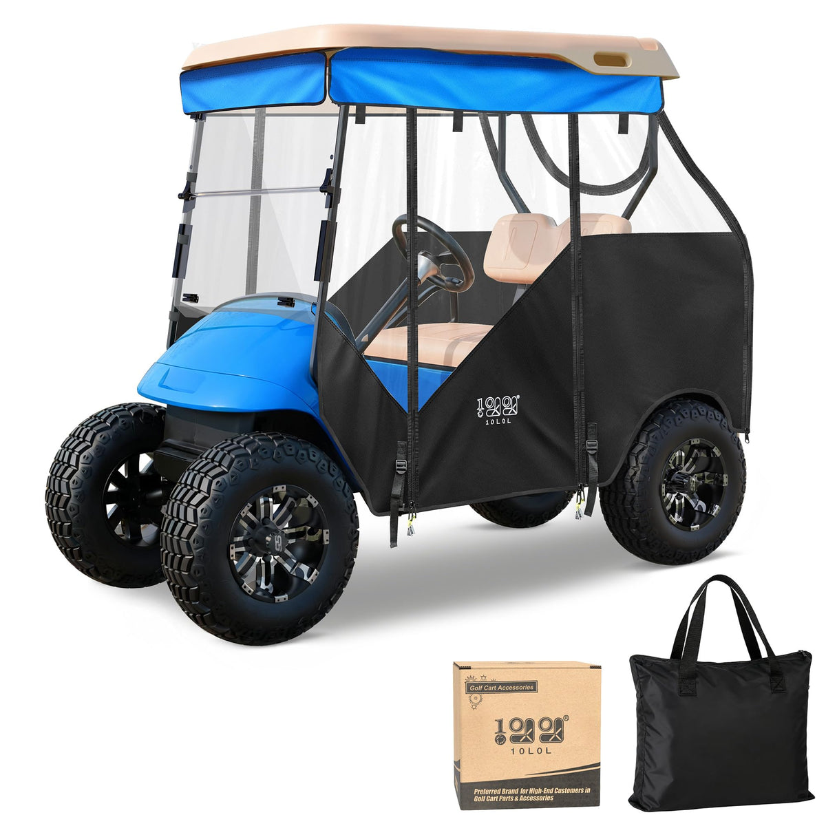 10L0L track-style enclosure front view shows weather protection for EZGO TXT