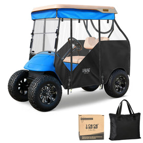 10L0L track-style enclosure front view shows weather protection for EZGO TXT