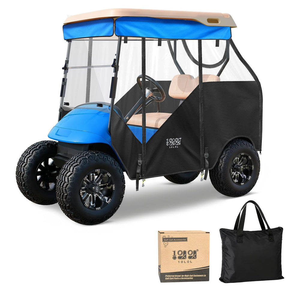10L0L track-style enclosure front view shows weather protection for EZGO TXT