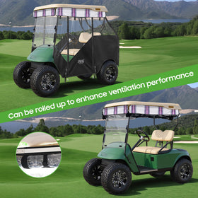 10L0L track-style enclosure in use on EZGO TXT demonstrates drivable all-weather protection