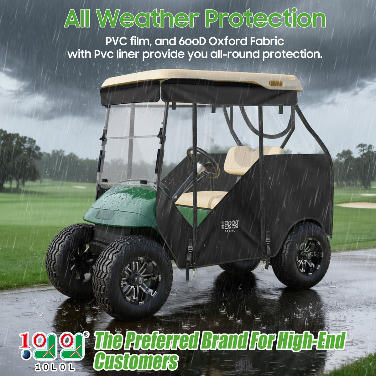 10L0L enclosure side installation shows no-drill setup for EZGO TXT 2-passenger