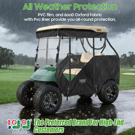 10L0L enclosure side installation shows no-drill setup for EZGO TXT 2-passenger