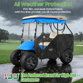 10L0L track-style enclosure side view demonstrates full coverage for 2-passenger carts