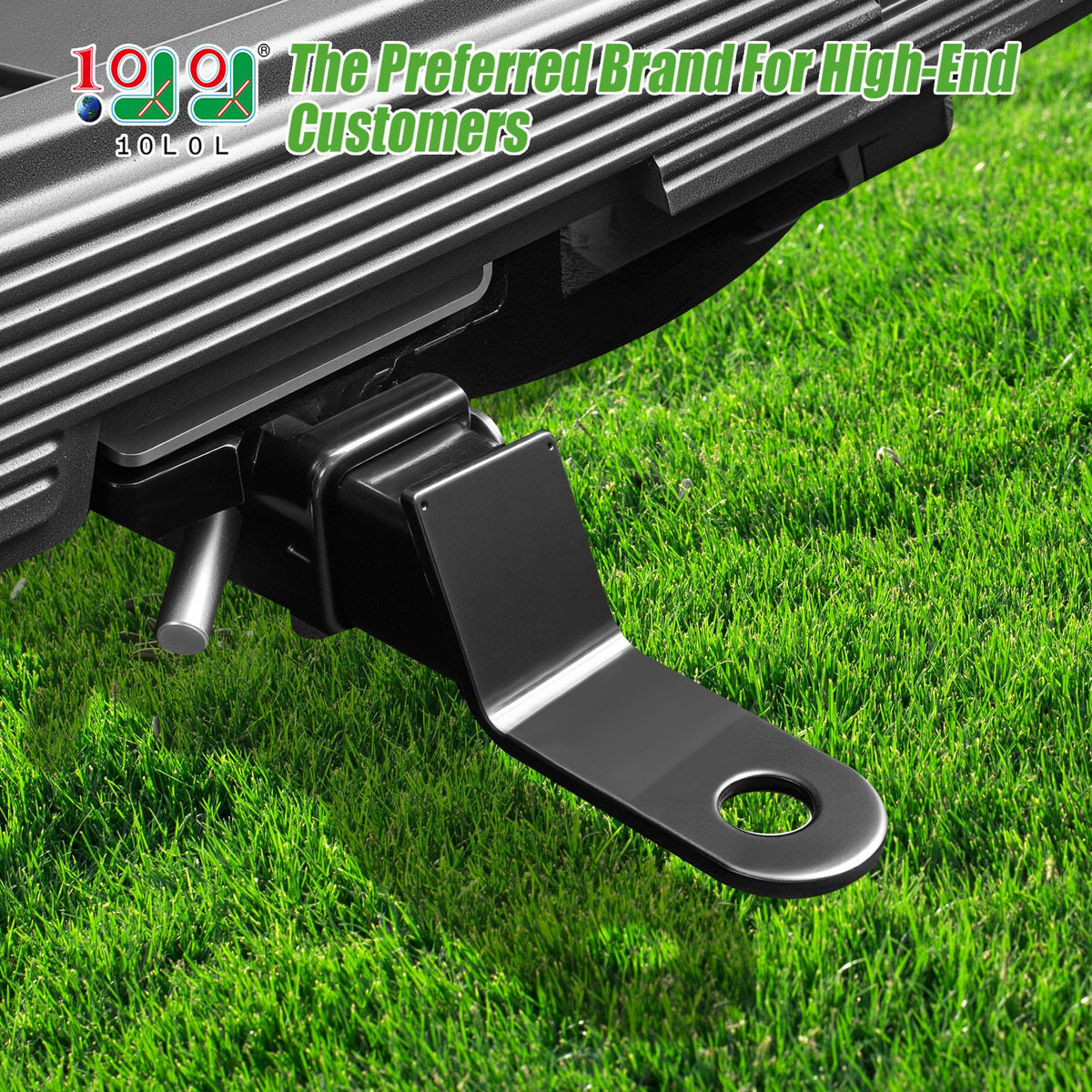 Close-up of 10L0L hitch assembly showing precise bumper fit on Club Car DS