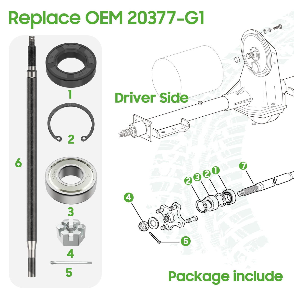 Two bearings and two seals included in 10L0L rear axle kit