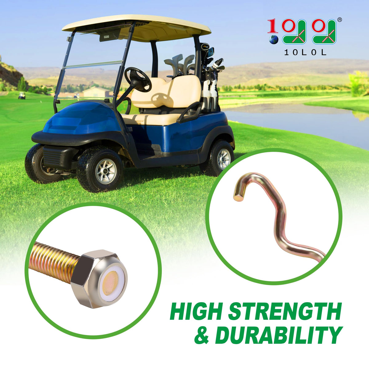 10L0L two-pack kit displays complete hold down set for club carts.