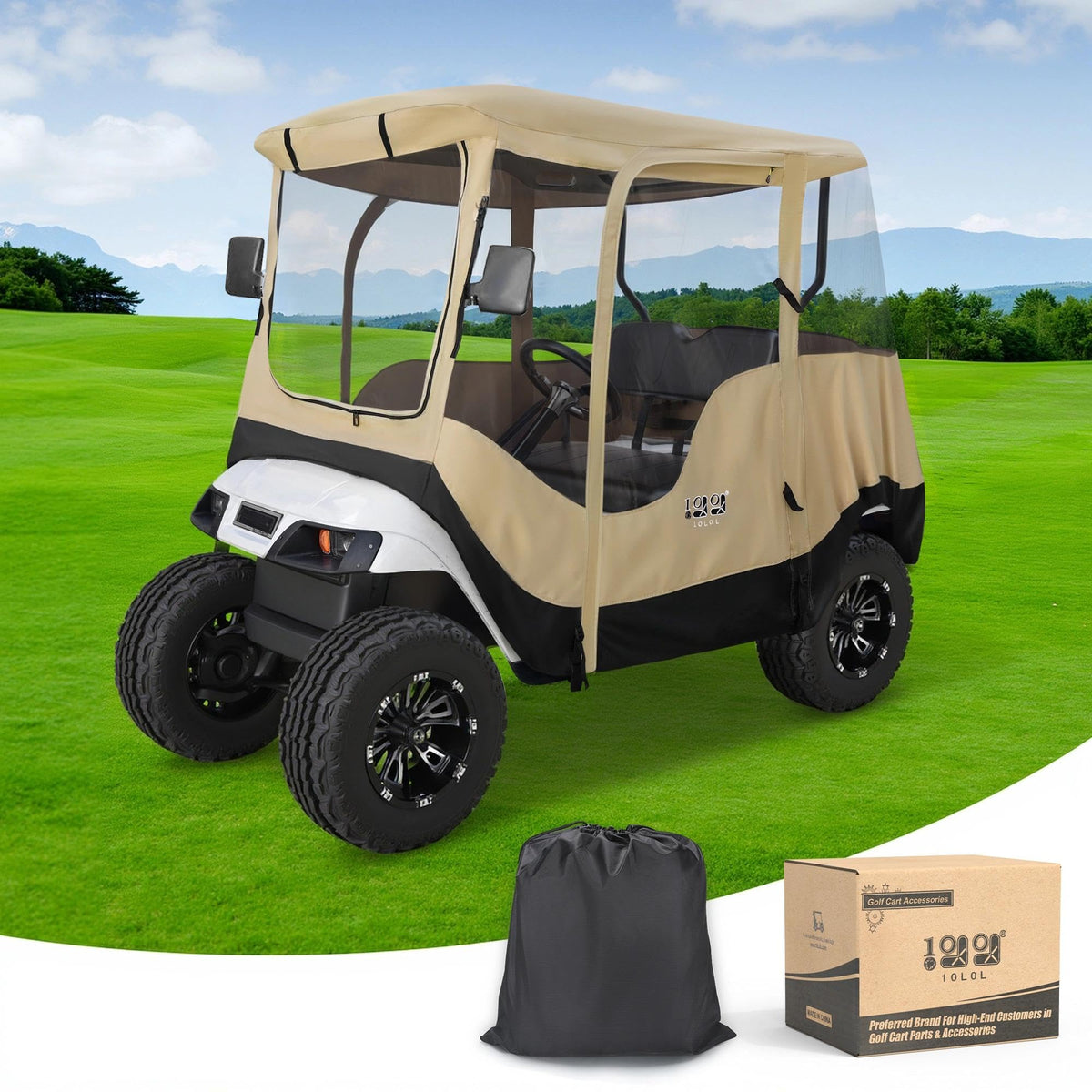 10L0L two-passenger golf cart enclosure for EZGO TXT/RXV with clear visibility and rain protection.