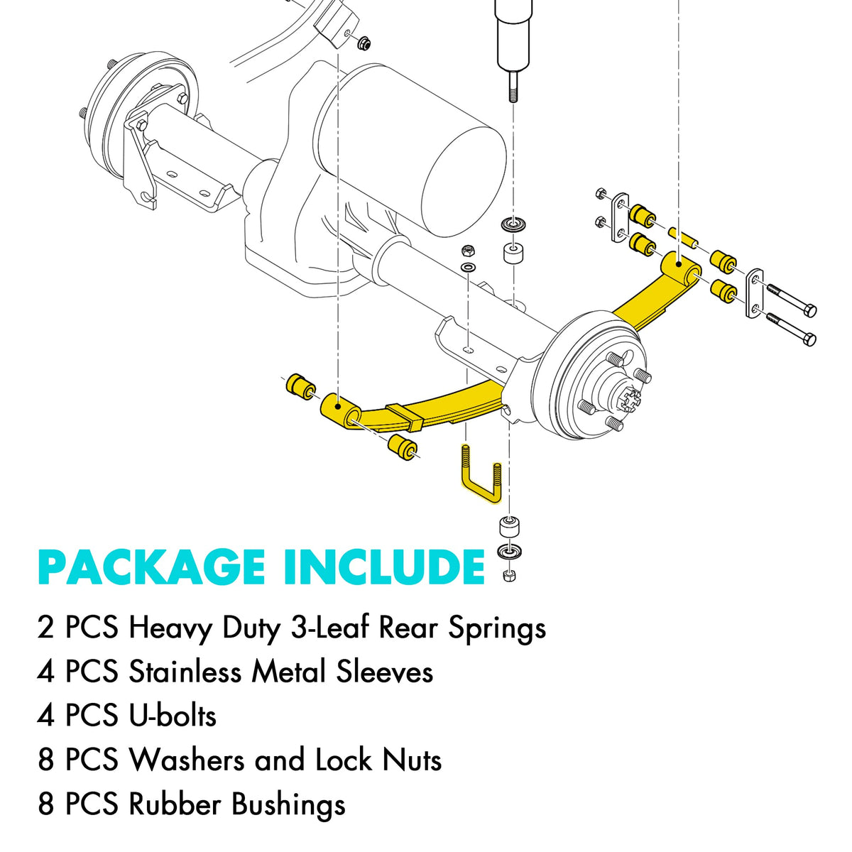 10L0L hardware kit with U-bolts provides complete rear suspension replacement