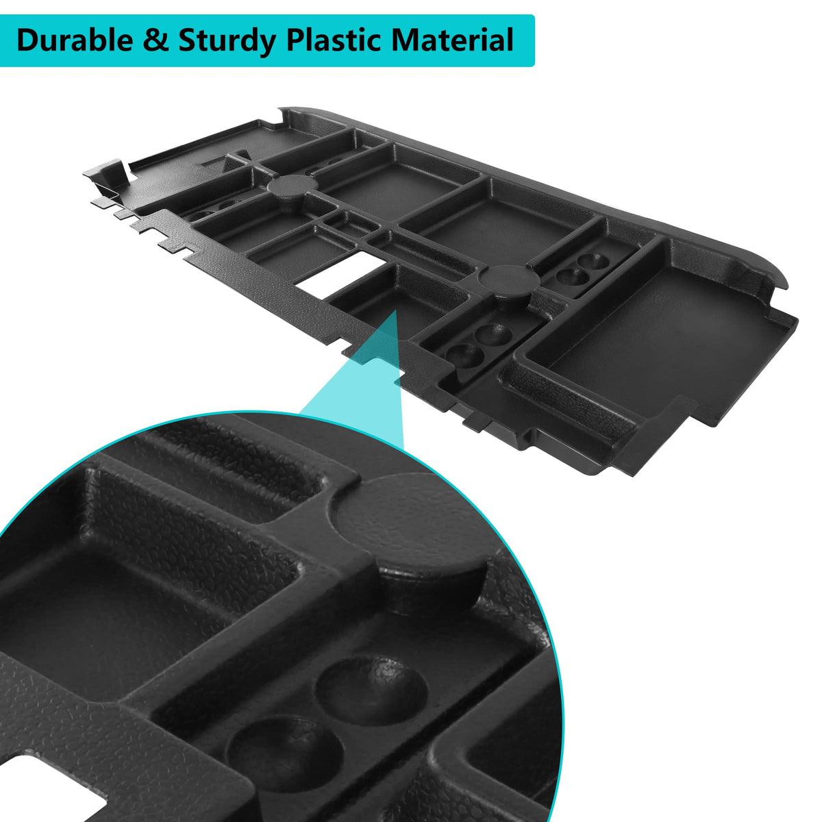 Close-up of the durable plastic material used in the under-seat tray.