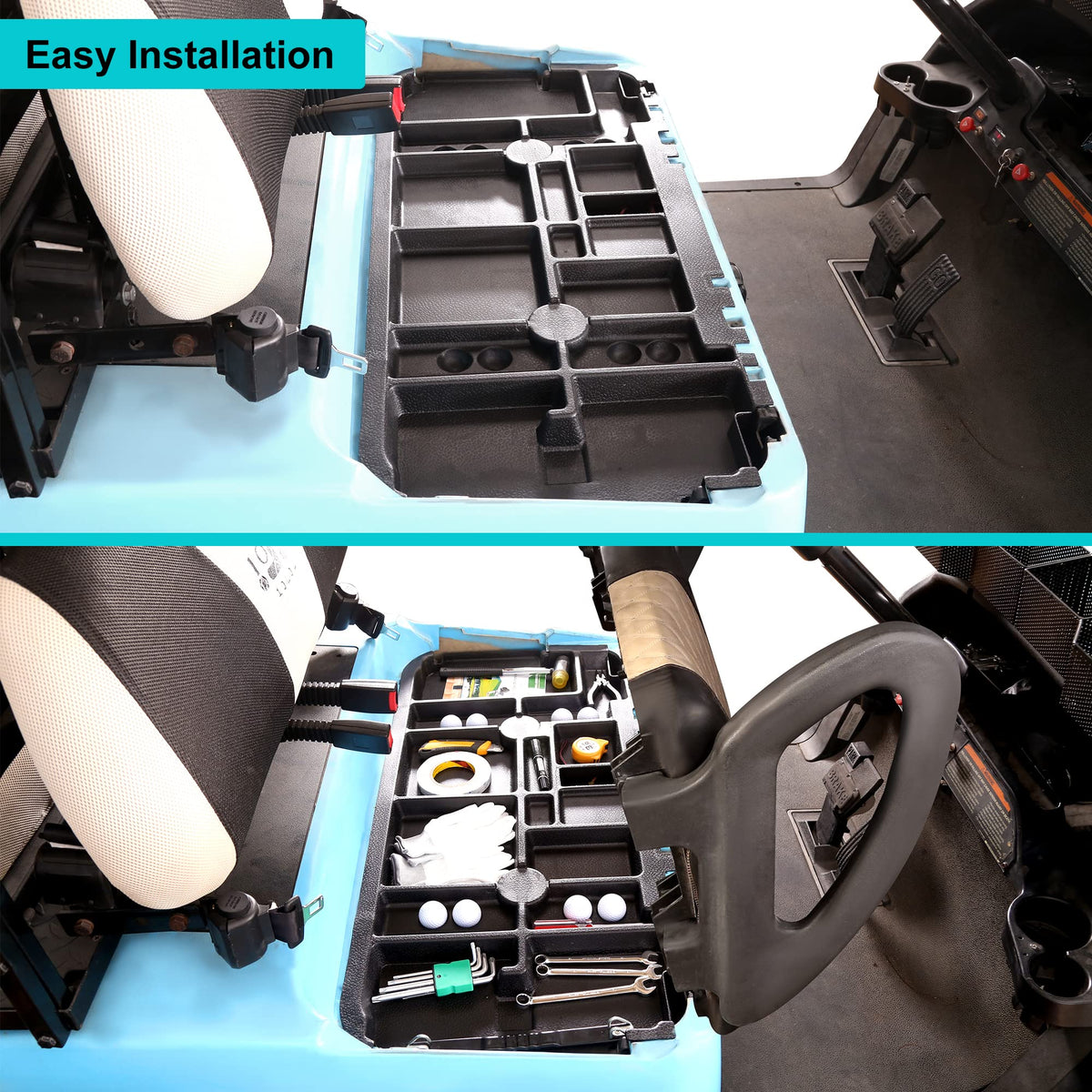 Installed under-seat storage tray on Club Car Precedent shows secure fit and alignment.
