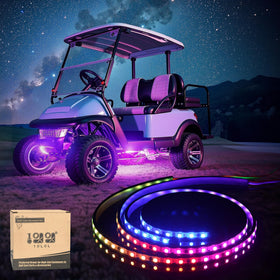 10L0L underbody light kit on golf cart; strip left improves nighttime visibility