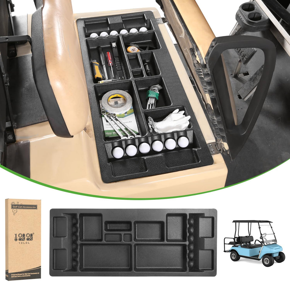 10L0L underseat storage tray installed on Club Car DS for tidy storage on the go