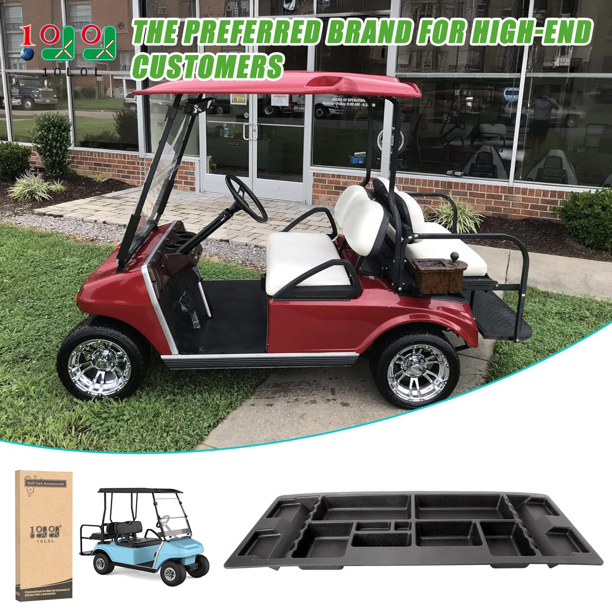 10L0L storage tray organizes wallets, phones and tools under Club Car DS seat