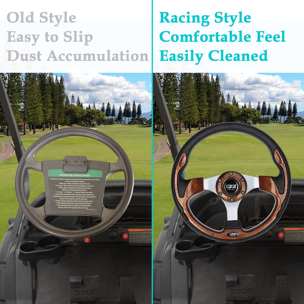 10L0L steering wheel for EZGO TXT RXV with race-inspired design enhances style.