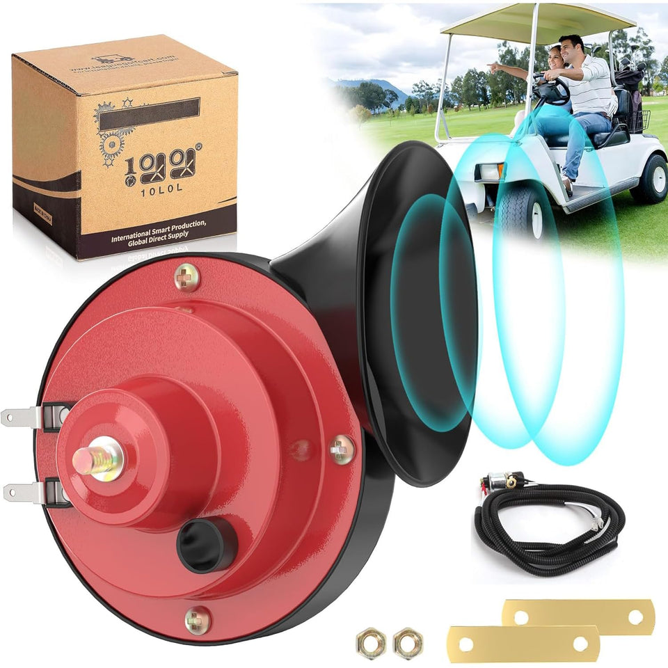 10L0L universal 12V horn kit mounted on a golf cart for street signaling.