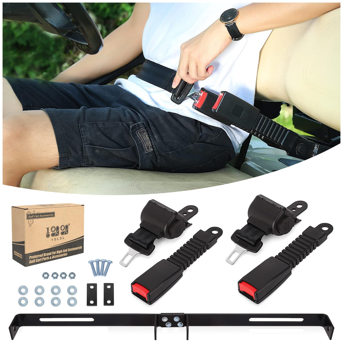 10L0L universal seat belt bracket on a golf cart, easy retrofit.
