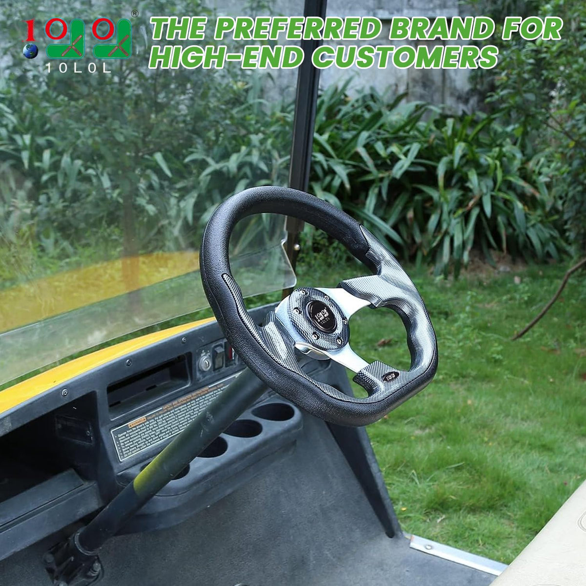 10L0L universal-fit steering wheel highlighting compatibility with Yamaha, EZGO and Club Car.