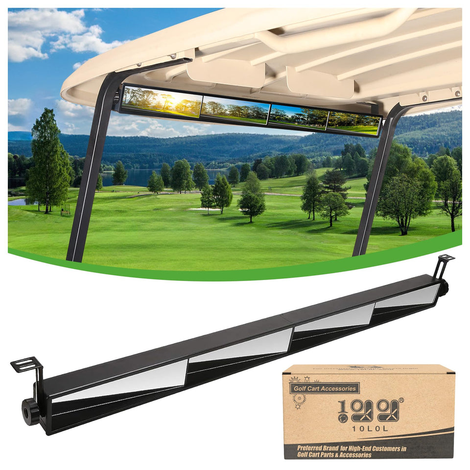 10L0L universal golf cart mirror mounted on Yamaha EZGO for safer rear visibility.