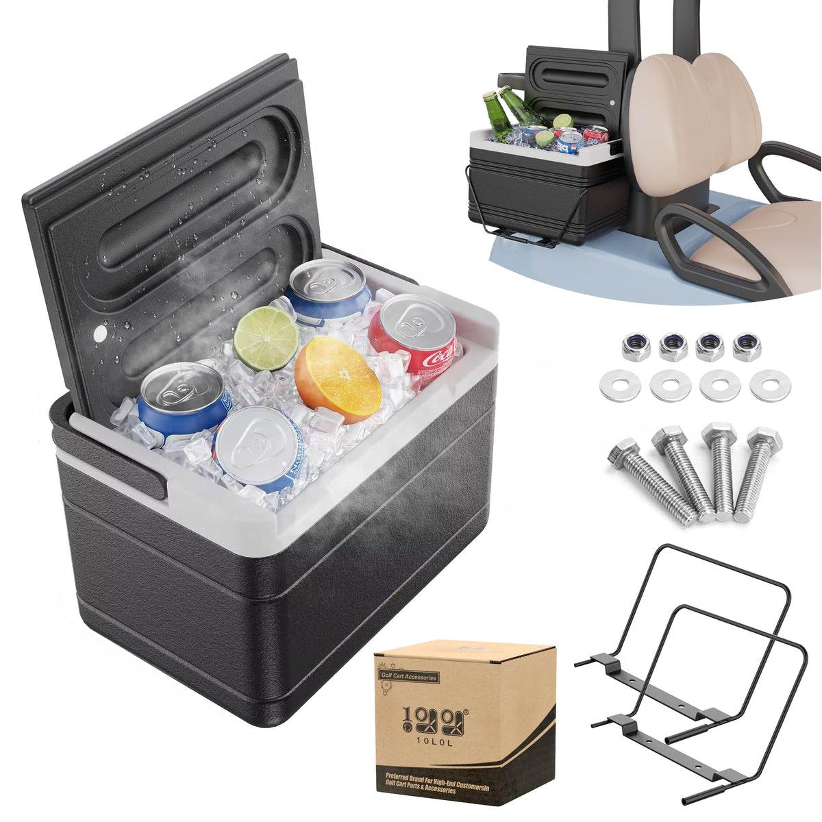 10L0L universal golf cart cooler with mounting bracket keeps drinks secure on the cart