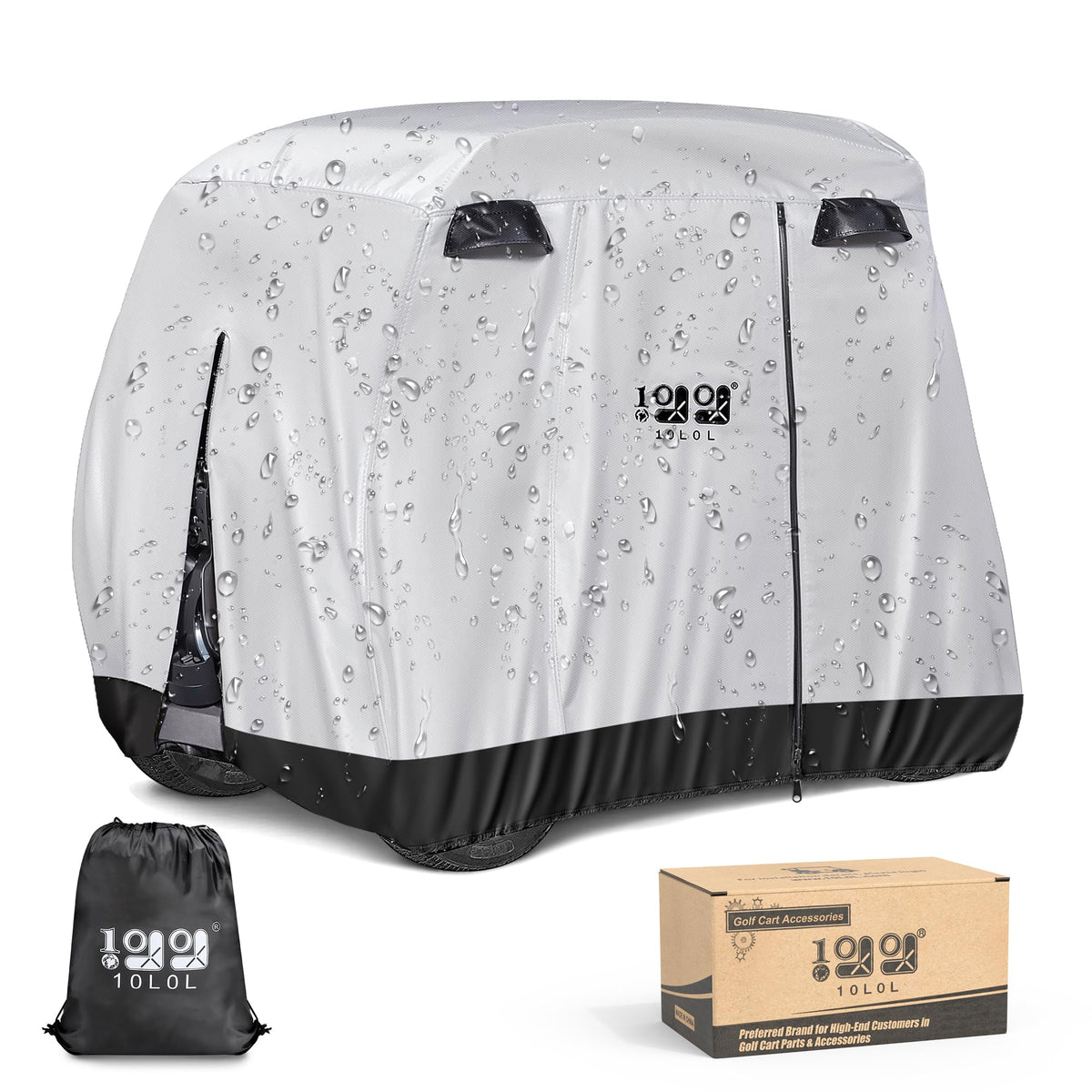 10L0L universal golf cart cover protecting a Yamaha cart from sun and rain