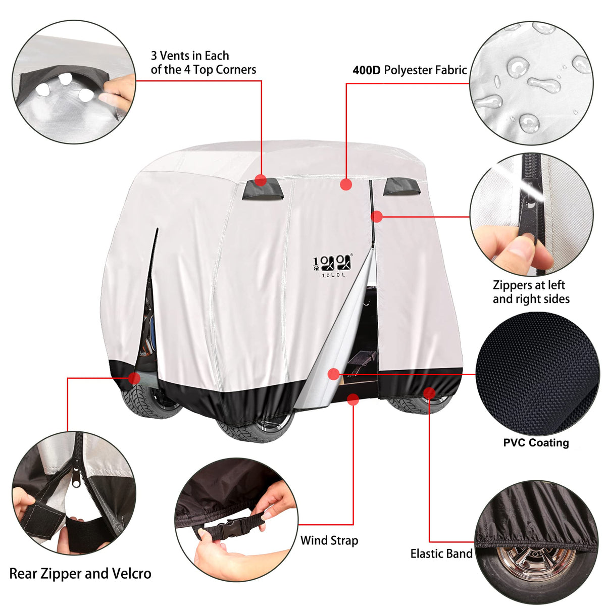 10L0L universal golf cart cover 3-zipper doors view facilitates easy one-person installation.