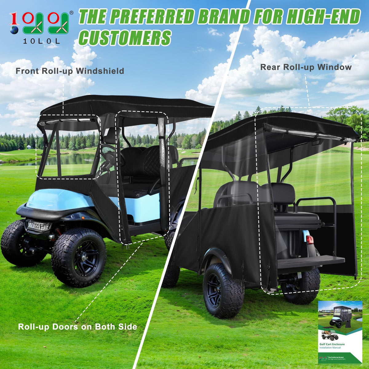 10L0L golf cart cover side view highlights 4-passenger compatibility and secure fit.