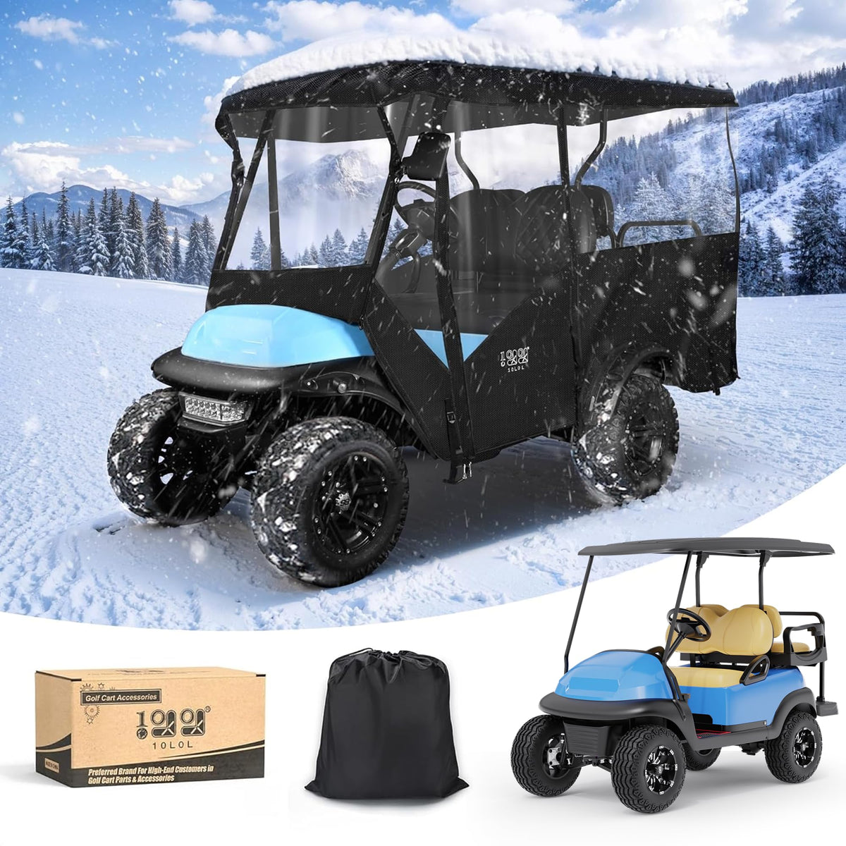 10L0L universal golf cart cover top view showing 94-inch roof fit and four-passenger coverage.