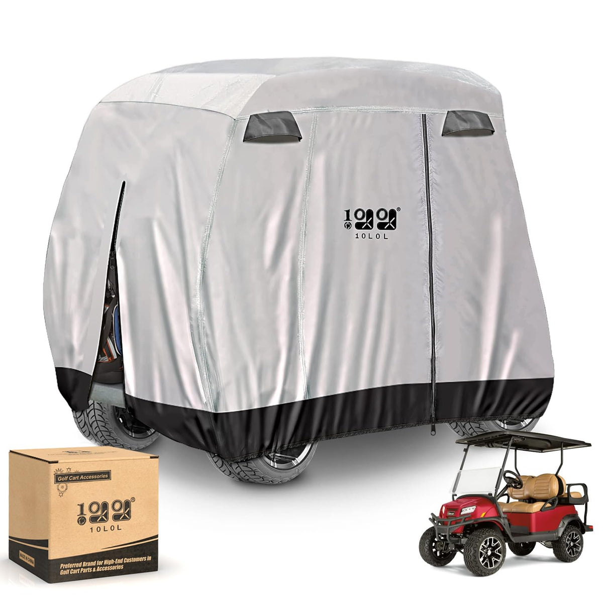 10L0L universal golf cart cover front view protects from sun, rain, and dirt.