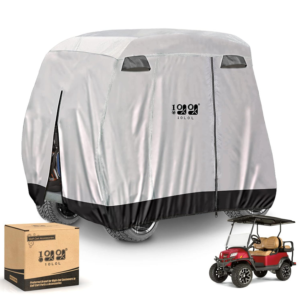 10L0L universal golf cart cover front view protects from sun, rain, and dirt.