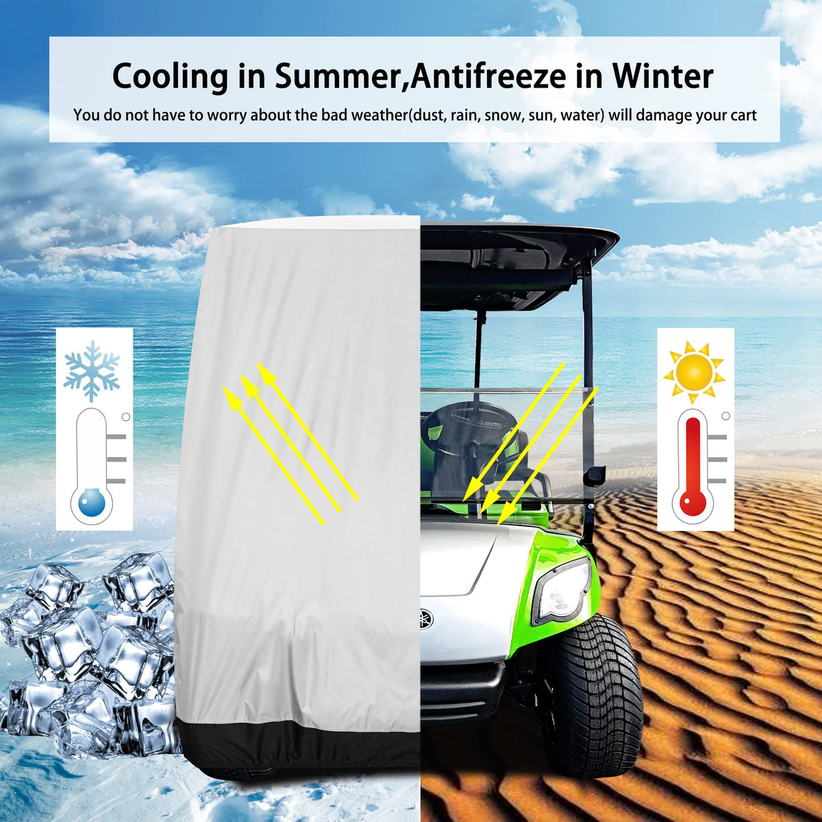 10L0L universal golf cart cover rear-seat access view keeps rear seats protected during storage.