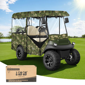 10L0L universal golf cart enclosure in green with four-passenger fit offering weather protection.