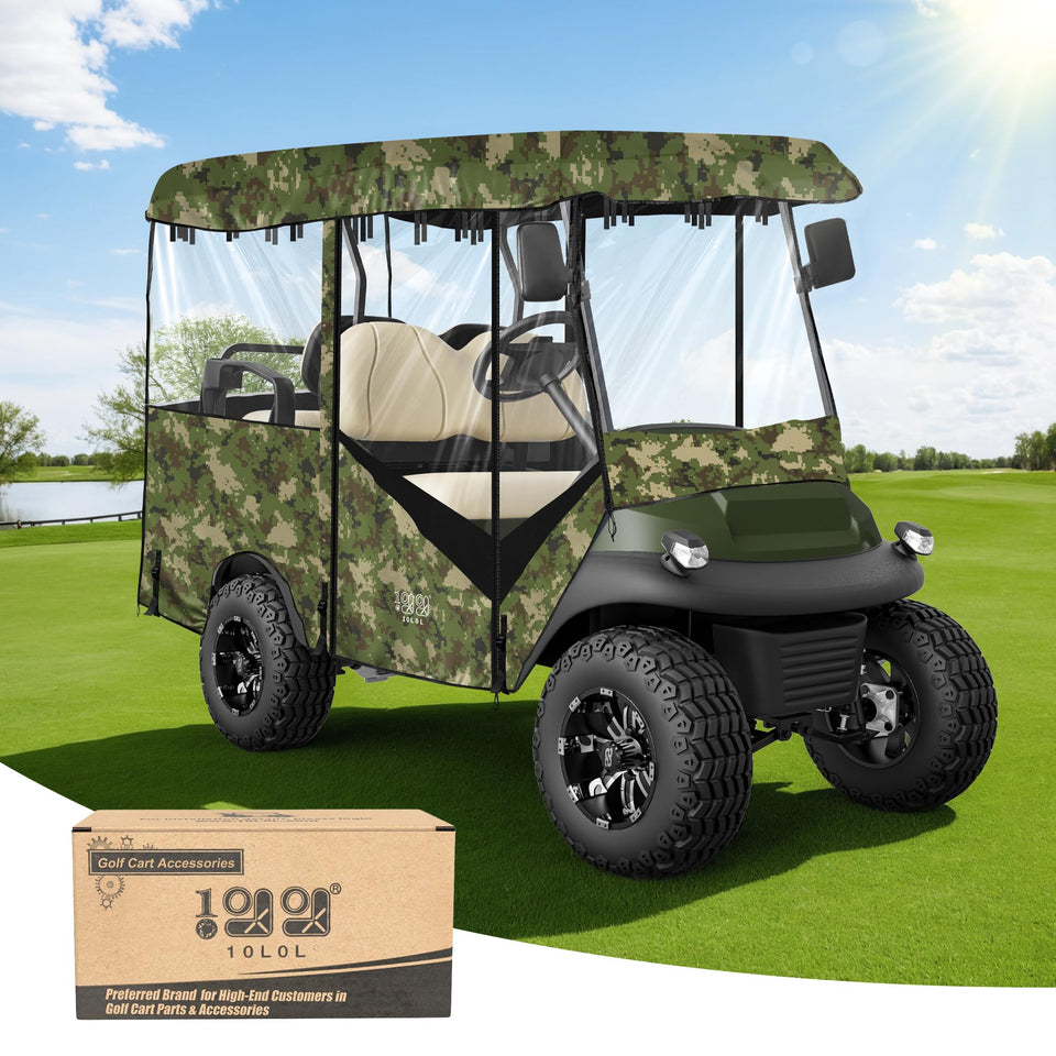 10L0L universal golf cart enclosure in green with four-passenger fit offering weather protection.