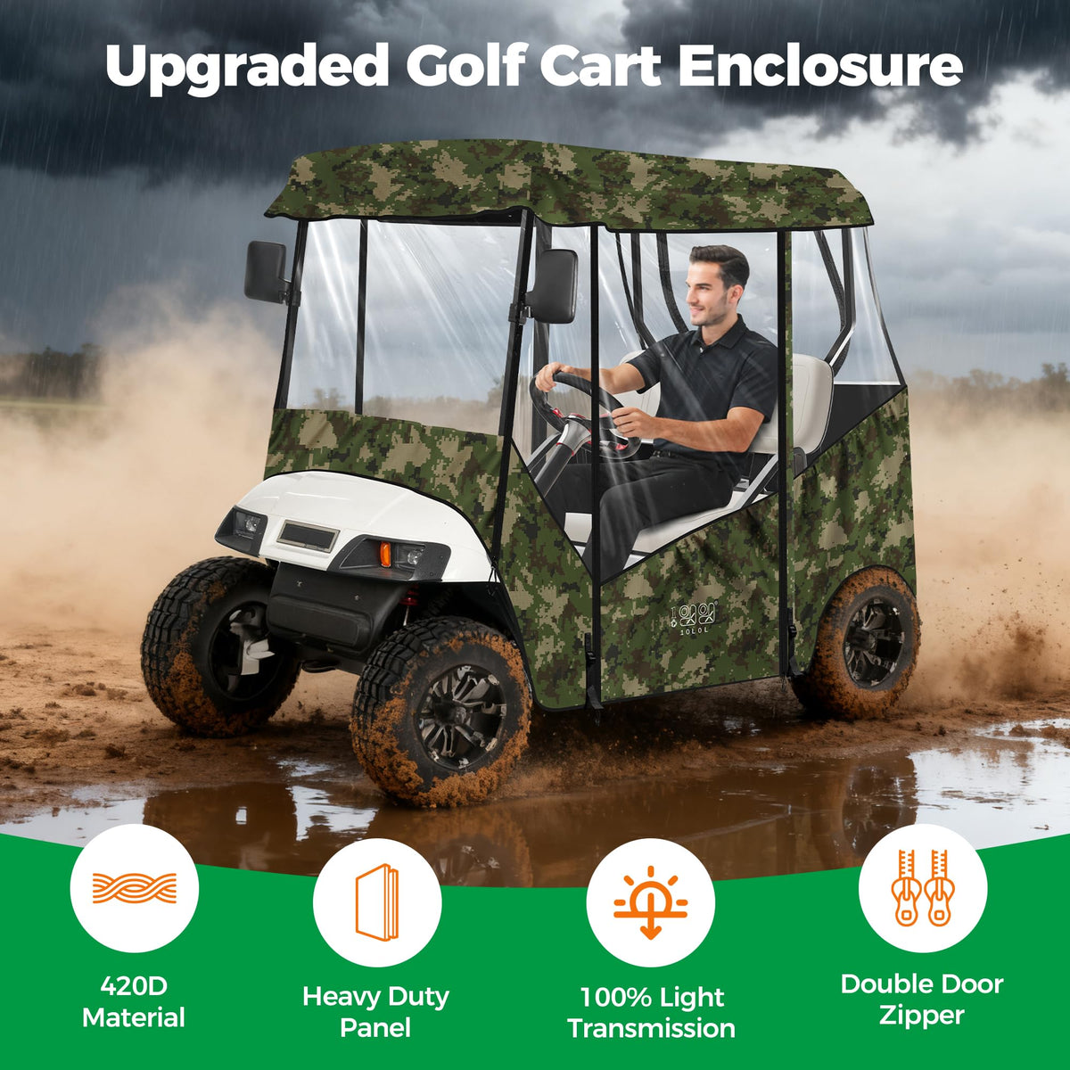 10L0L universal golf cart enclosure 420D Oxford fabric provides durable waterproof protection.