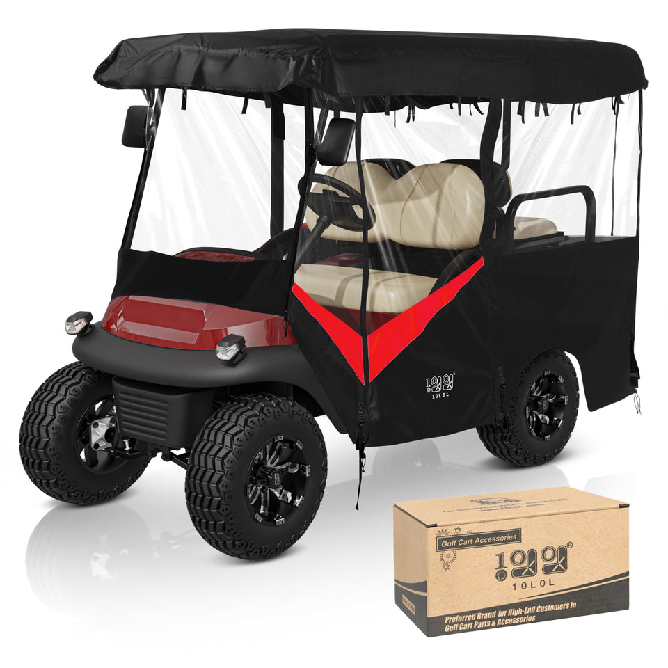 10L0L universal golf cart enclosure front view with precise 86-6in fit.